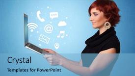  Presentation with research services - Slide set with laptop with online services symbol background and a light blue colored foreground