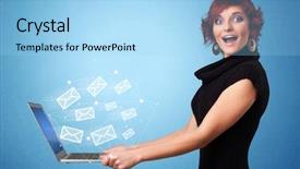  Presentation with laptop - PPT theme consisting of laptop with online services symbol background and a light blue colored foreground