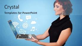  Presentation with laptop - Theme enhanced with laptop with online services symbol background and a light blue colored foreground