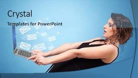  Presentation with laptop - Colorful presentation enhanced with laptop with online services symbol backdrop and a light blue colored foreground