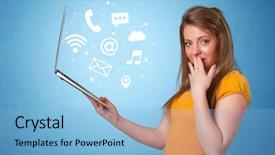  Presentation with fulfillment services - Amazing presentation design having laptop with online services symbol backdrop and a light blue colored foreground