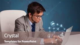  Presentation with 3d man sitting question mark - Presentation design with laptop with social network icon background and a  colored foreground