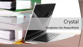  Presentation with stack - Beautiful PPT theme featuring laptop with stack of folders backdrop and a light gray colored foreground