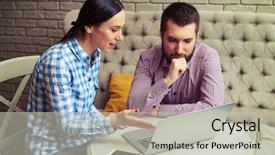  Presentation with young man holdng laptop on lap money - Cool new PPT theme with carefulness - young woman explaining something backdrop and a mint green colored foreground