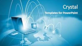  Presentation with globalization - PPT theme enhanced with laptops against globe blue illustration background and a teal colored foreground