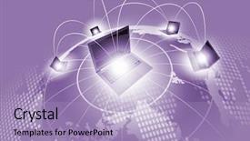  Presentation with connection - Colorful presentation design enhanced with laptops against world map background backdrop and a  colored foreground