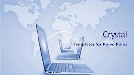  Presentation with laptop computers around the world backgroun - Beautiful presentation design featuring senior lady with raised arms backdrop and a tawny brown colored foreground