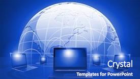 Presentation with world map - Beautiful slide deck featuring laptops against world map background connection and cooperation backdrop and a cobalt blue colored foreground