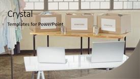  Presentation with donation - PPT layouts with laptops and donation boxes on table in creative office background and a mint green colored foreground