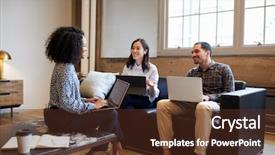  Presentation with work - Audience pleasing PPT layouts consisting of laptops at a casual meeting backdrop and a tawny brown colored foreground