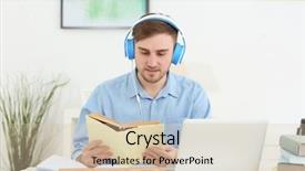  Presentation with audiobook - PPT theme consisting of laptops books - concept of audiobook handsome young background and a lemonade colored foreground