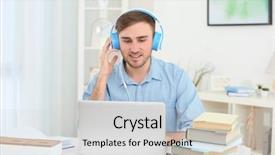  Presentation with audiobook - Amazing PPT theme having laptops books - concept of audiobook handsome young backdrop and a light gray colored foreground