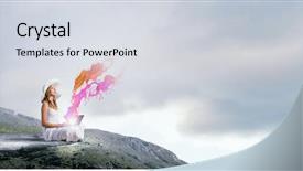  Presentation with mountain top - Slide deck having laptops books - young lady sitting on top background and a  colored foreground