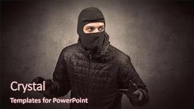  Presentation with clothes - Beautiful PPT layouts featuring larceny - burglar standing in black clothes backdrop and a  colored foreground