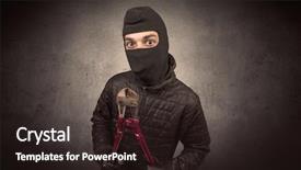  Presentation with clothing wooden clothes hanger object - Cool new PPT theme with larceny - burglar standing in black clothes backdrop and a  colored foreground