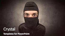  Presentation with clothing wooden clothes hanger object - PPT theme having larceny - burglar standing in black clothes background and a  colored foreground