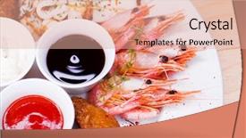  Presentation with fried chicken - Slides having lard boiled shrimps fried chicken background and a coral colored foreground