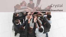  Presentation with team hands - Amazing slide set having large-business-team-showing-unity backdrop and a light gray colored foreground