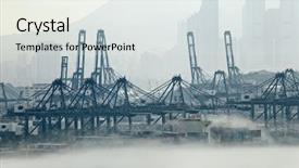  Presentation with cargo ship - Audience pleasing PPT theme consisting of large container ship - hong kong cargo port backdrop and a light gray colored foreground