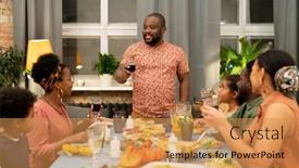  Presentation with looking glass - Amazing PPT layouts having large-family-with-drinks-looking backdrop and a yellow colored foreground