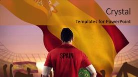  Presentation with football stadium - Presentation theme consisting of spain football player holding ball against large football stadium under purple sky background and a gold colored foreground