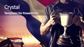  Presentation with golden trophy on the purple - Cool new PPT layouts with large football stadium under purple backdrop and a  colored foreground