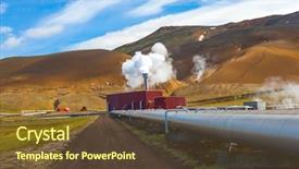  Presentation with volcano - Presentation with large geothermal plant pumping heat background and a tawny brown colored foreground