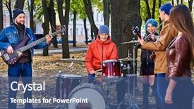  Presentation with dancer music outdoor - Slide deck consisting of large group music street performers background and a ocean colored foreground