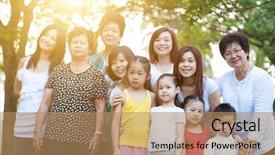  Presentation with generations - Cool new slide deck with large group of asian multi generations family portrait grandparent parent and children outdoor nature park in morning with sun flare backdrop and a coral colored foreground