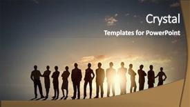  Presentation with five business people standing together and smiling - Colorful slides enhanced with large group of business people backdrop and a dark gray colored foreground