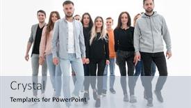  Presentation with walking together - PPT layouts enhanced with large-group-of-cheerful-friends background and a light blue colored foreground