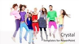  Presentation with joy - Colorful presentation theme enhanced with large group of cheerful young people jumping for joy isolated over white backdrop and a white colored foreground
