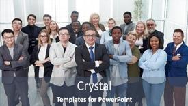  Presentation with employees - PPT theme having large-group-of-diverse-employees background and a ocean colored foreground