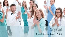  Presentation with group of companies - Slides enhanced with large-group-of-doctors-congratulating background and a light blue colored foreground