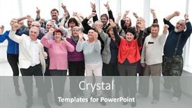  Presentation with victory team - Presentation theme featuring large-group-of-happy-people background and a gray colored foreground