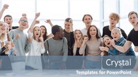  Presentation with group - Presentation design with large-group-of-happy-young background and a seafoam green colored foreground