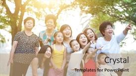  Presentation with generations - PPT theme with large group of joyful asian multi generations family portrait grandparent parent and children outdoor nature park in morning with sun flare background and a coral colored foreground