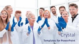  Presentation with medical - Amazing PPT theme having large-group-of-medical-researchers backdrop and a lemonade colored foreground