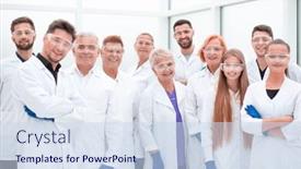  Presentation with medical informatics - Beautiful slide deck featuring large-group-of-medical-researchers backdrop and a sky blue colored foreground