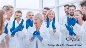  Presentation with medical - Presentation with large-group-of-medical-researchers background and a light blue colored foreground