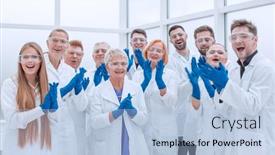  Presentation with medical - Presentation theme having large-group-of-medical-researchers background and a light blue colored foreground