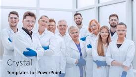  Presentation with medical job advertisement - PPT theme with large-group-of-medical-researchers background and a light blue colored foreground