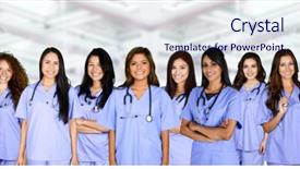  Presentation with hospital - Beautiful PPT theme featuring large group of nurses together backdrop and a sky blue colored foreground