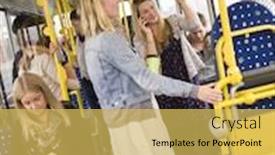  Presentation with bus - Colorful slide deck enhanced with large-group-of-people-going backdrop and a yellow colored foreground