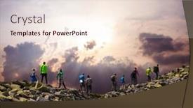  Presentation with expedition - Presentation theme enhanced with large group of people are walking along the mountain range the concept of travel adventure or expedition in the mountains background and a sky blue colored foreground