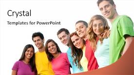  Presentation with youth group - Audience pleasing PPT layouts consisting of large group of smiling friends backdrop and a white colored foreground