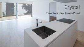  Presentation with kitchen furniture - Colorful presentation theme enhanced with large kitchen with island of a luxurious apartment white furniture backdrop and a light gray colored foreground