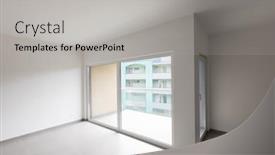  Presentation with nobody - Colorful slide set enhanced with large living room and completely white kitchen in a modern open space nobody inside backdrop and a light gray colored foreground