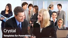  Presentation with young business people - Slide deck consisting of large meeting conference room - group of young smiling business background and a  colored foreground