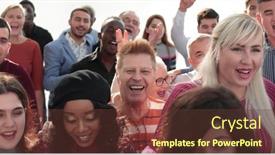  Presentation with people unity - PPT theme featuring large-multinational-group-of-happy background and a tawny brown colored foreground